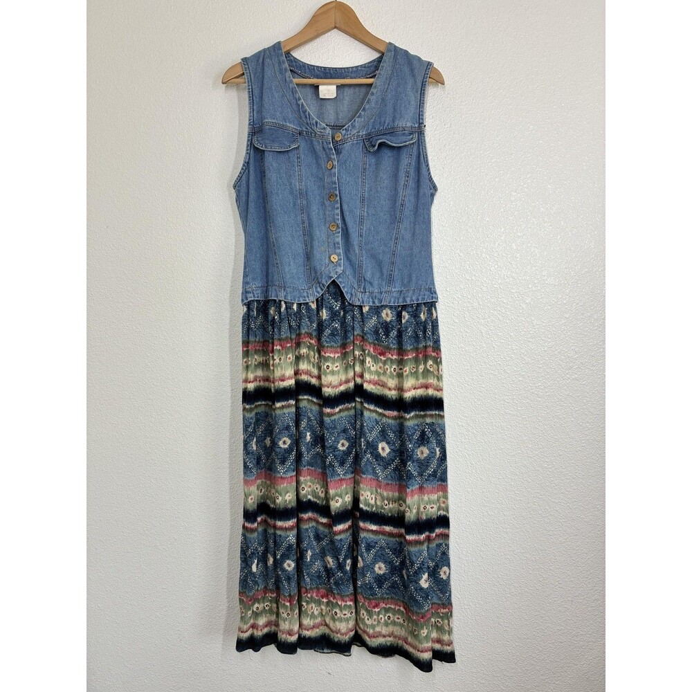 Vintage Nina Piccalino Dress  8 Blue Denim Striped Skirt Boho Midi USA Phoebe